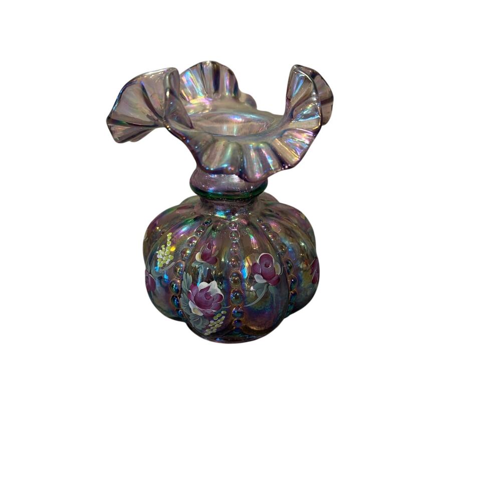 FENTON PURPLE IRIDESCENT CARNIVAL GLASS MELON RIB VASE 5 3/4" SIGNED #201